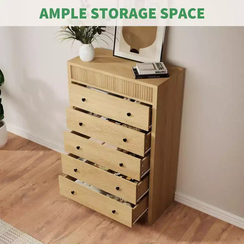 Coolmee 5 Drawer Tall Dresser for Bedroom, 31.5 Wide Fluted Chest of Drawers, Modern Wood Storage Cabinet for Kids Room, Hallway, Living Room
