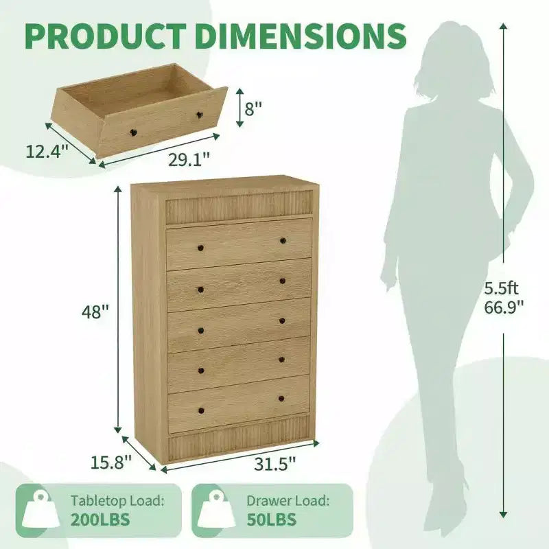 Coolmee 5 Drawer Tall Dresser for Bedroom, 31.5 Wide Fluted Chest of Drawers, Modern Wood Storage Cabinet for Kids Room, Hallway, Living Room
