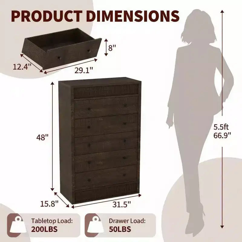Coolmee 5 Drawer Tall Dresser for Bedroom, 31.5 Wide Fluted Chest of Drawers, Modern Wood Storage Cabinet for Kids Room, Hallway, Living Room
