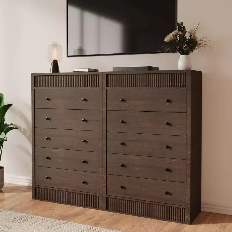 Coolmee 5 Drawer Tall Dresser for Bedroom, 31.5 Wide Fluted Chest of Drawers, Modern Wood Storage Cabinet for Kids Room, Hallway, Living Room