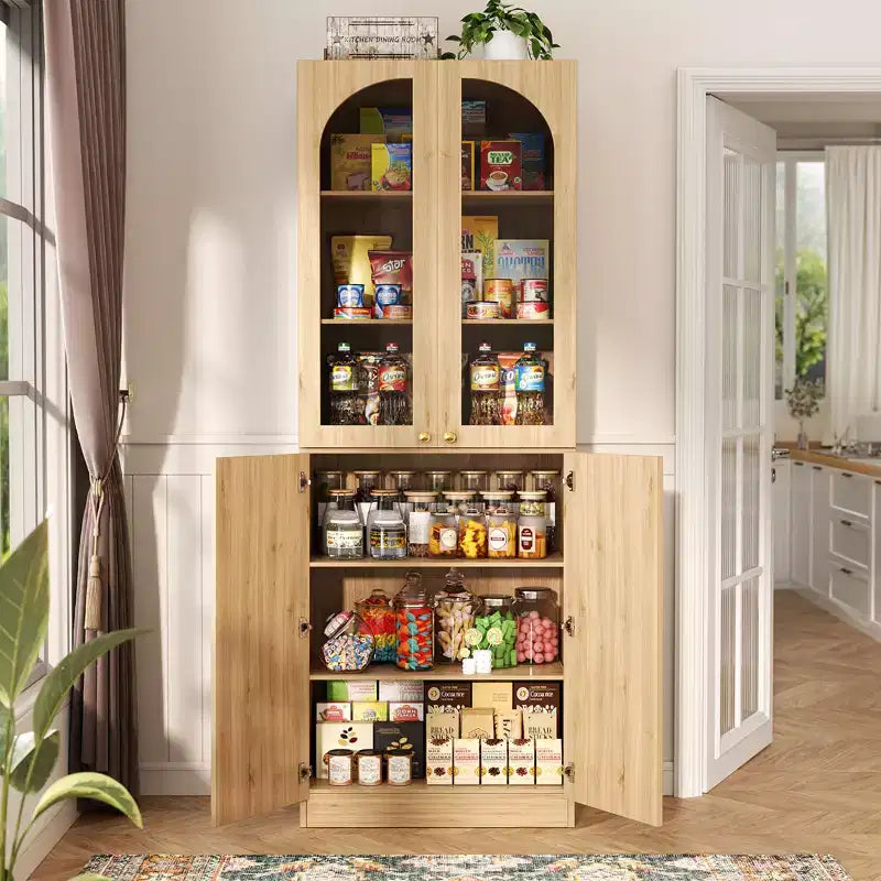 Besiost 80 Tall Kitchen Pantry Arch Storage Cabinet with Tempered Glass Doors, Freestanding Bookcase with Shelves