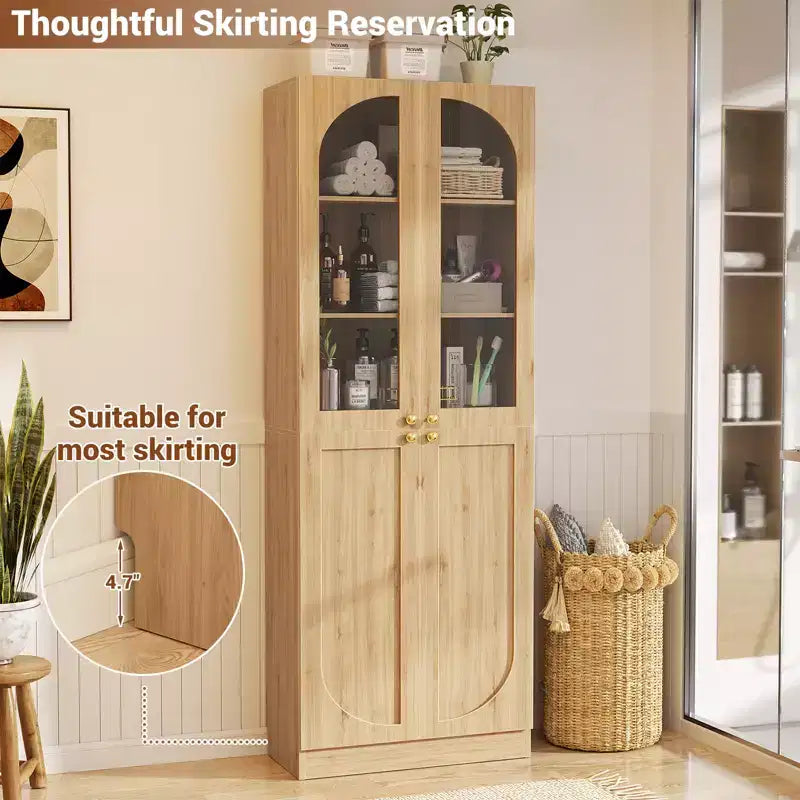 Besiost 80 Tall Kitchen Pantry Arch Storage Cabinet with Tempered Glass Doors, Freestanding Bookcase with Shelves