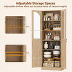 Besiost 80 Tall Kitchen Pantry Arch Storage Cabinet with Tempered Glass Doors, Freestanding Bookcase with Shelves