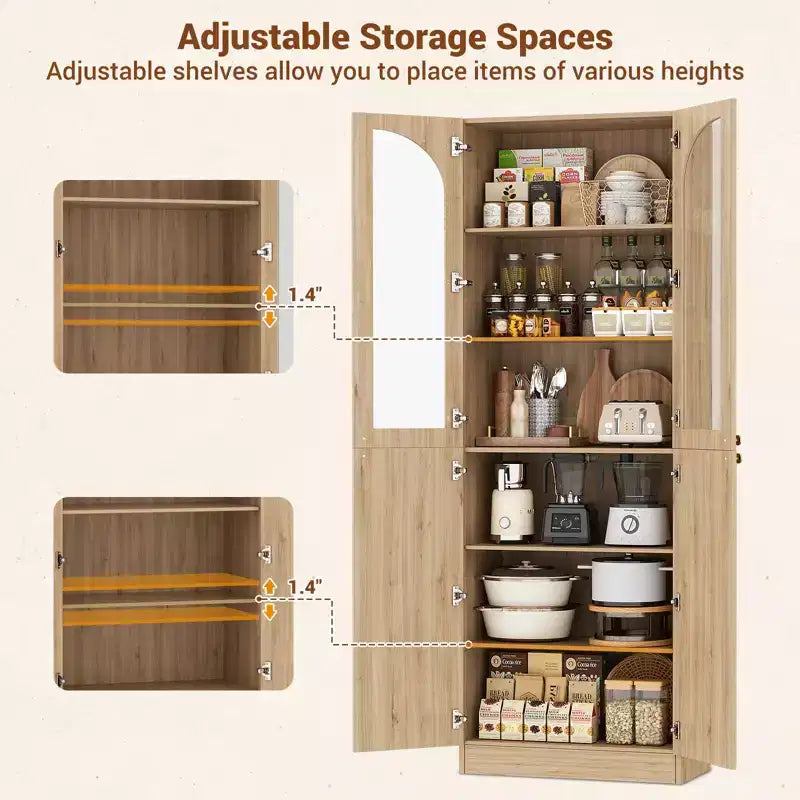 Besiost 80 Tall Kitchen Pantry Arch Storage Cabinet with Tempered Glass Doors, Freestanding Bookcase with Shelves