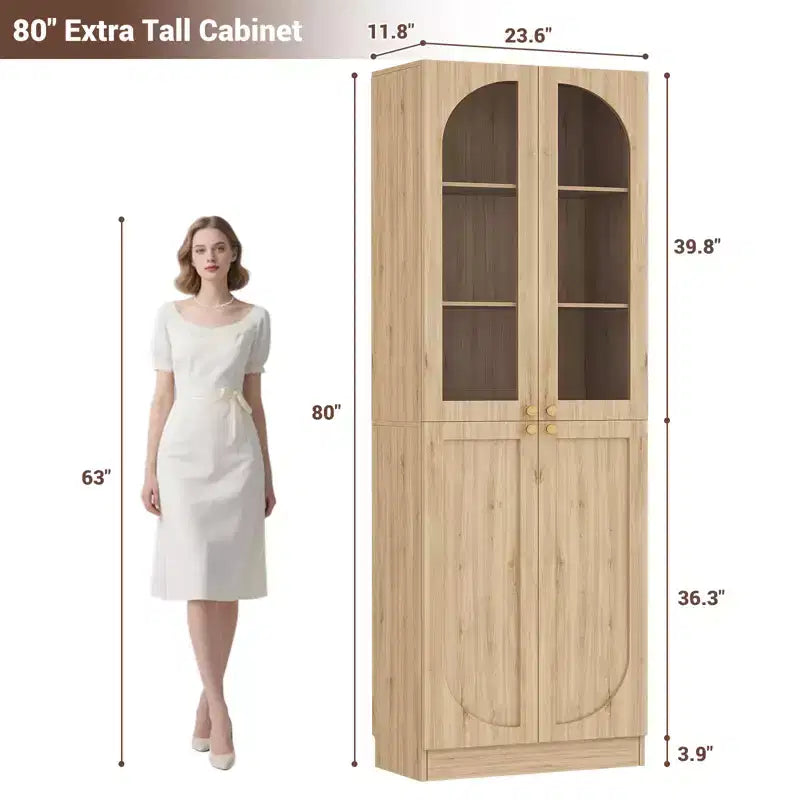 Besiost 80 Tall Kitchen Pantry Arch Storage Cabinet with Tempered Glass Doors, Freestanding Bookcase with Shelves