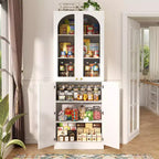 Besiost 80 Tall Kitchen Pantry Arch Storage Cabinet with Tempered Glass Doors, Freestanding Bookcase with Shelves