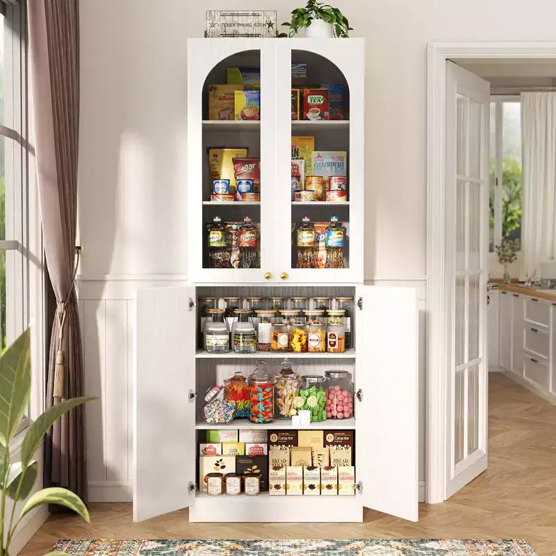 Besiost 80 Tall Kitchen Pantry Arch Storage Cabinet with Tempered Glass Doors, Freestanding Bookcase with Shelves