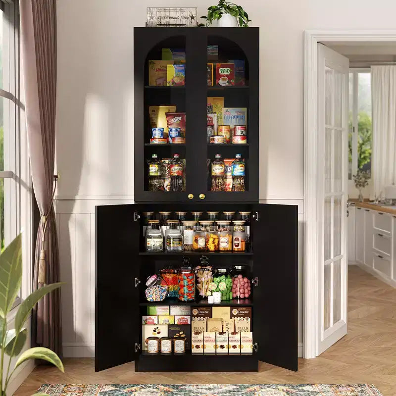 Besiost 80 Tall Kitchen Pantry Arch Storage Cabinet with Tempered Glass Doors, Freestanding Bookcase with Shelves