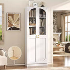 Besiost 80 Tall Kitchen Pantry Arch Storage Cabinet with Tempered Glass Doors, Freestanding Bookcase with Shelves