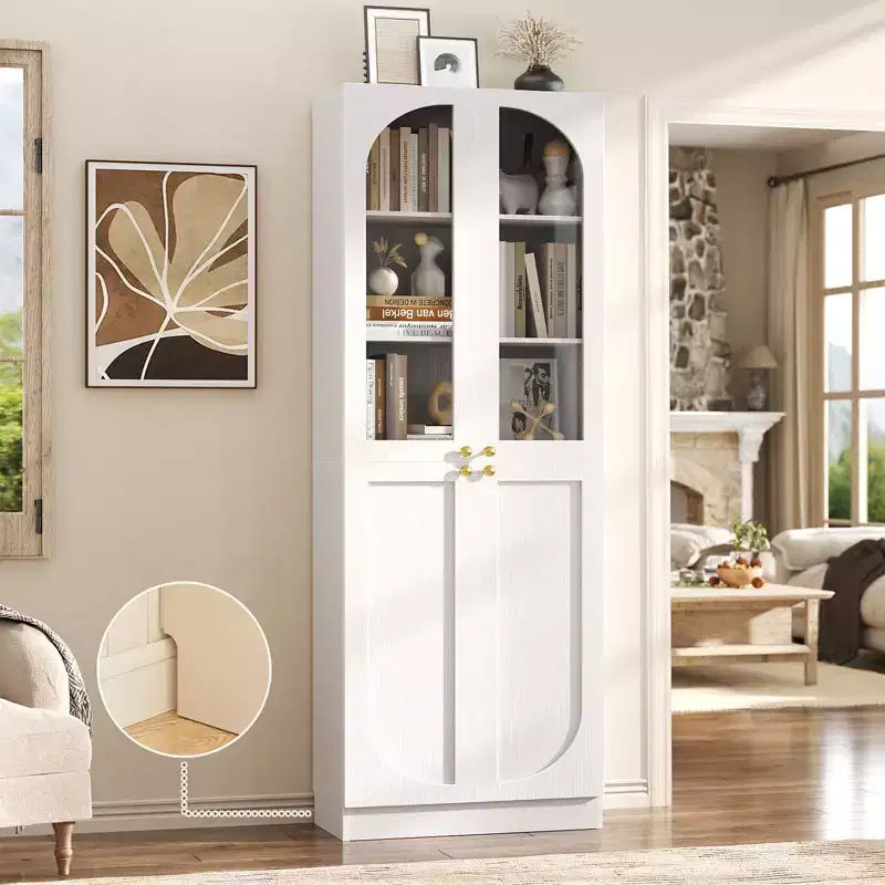 Besiost 80 Tall Kitchen Pantry Arch Storage Cabinet with Tempered Glass Doors, Freestanding Bookcase with Shelves