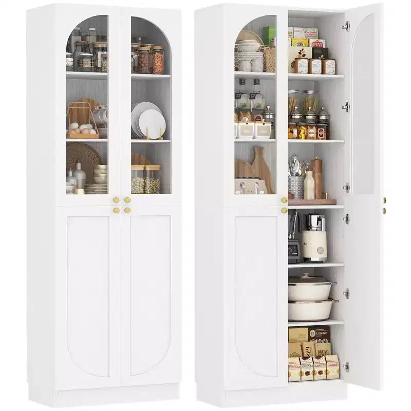 Besiost 80 Tall Kitchen Pantry Arch Storage Cabinet with Tempered Glass Doors, Freestanding Bookcase with Shelves