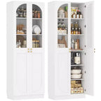 Besiost 80 Tall Kitchen Pantry Arch Storage Cabinet with Tempered Glass Doors, Freestanding Bookcase with Shelves