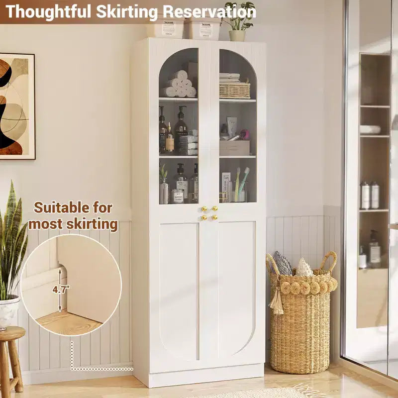 Besiost 80 Tall Kitchen Pantry Arch Storage Cabinet with Tempered Glass Doors, Freestanding Bookcase with Shelves