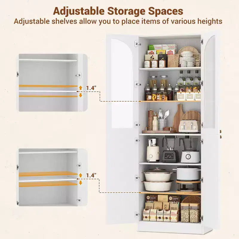 Besiost 80 Tall Kitchen Pantry Arch Storage Cabinet with Tempered Glass Doors, Freestanding Bookcase with Shelves