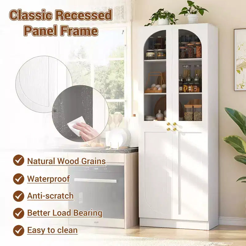 Besiost 80 Tall Kitchen Pantry Arch Storage Cabinet with Tempered Glass Doors, Freestanding Bookcase with Shelves
