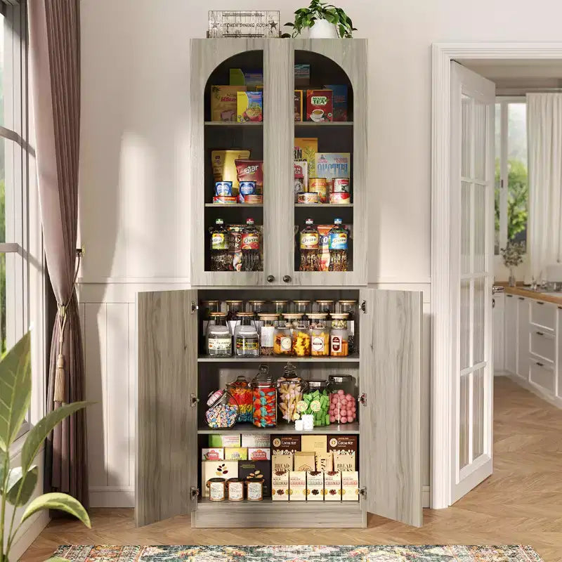 Besiost 80 Tall Kitchen Pantry Arch Storage Cabinet with Tempered Glass Doors, Freestanding Bookcase with Shelves