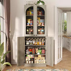 Besiost 80 Tall Kitchen Pantry Arch Storage Cabinet with Tempered Glass Doors, Freestanding Bookcase with Shelves