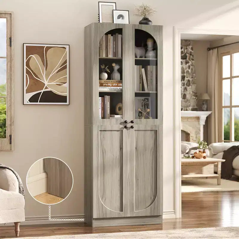 Besiost 80 Tall Kitchen Pantry Arch Storage Cabinet with Tempered Glass Doors, Freestanding Bookcase with Shelves