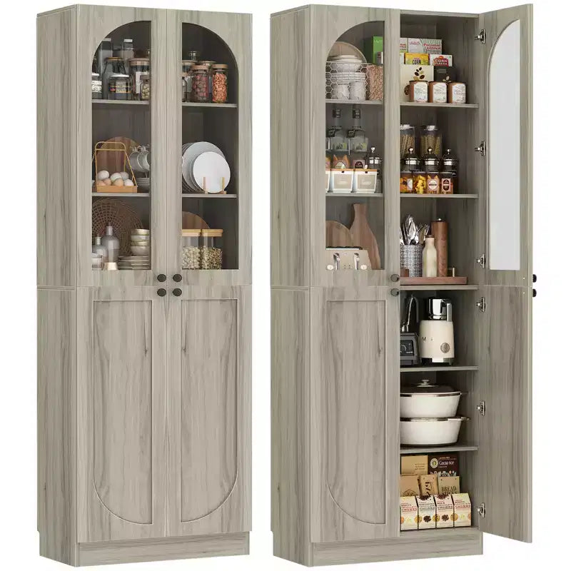 Besiost 80 Tall Kitchen Pantry Arch Storage Cabinet with Tempered Glass Doors, Freestanding Bookcase with Shelves