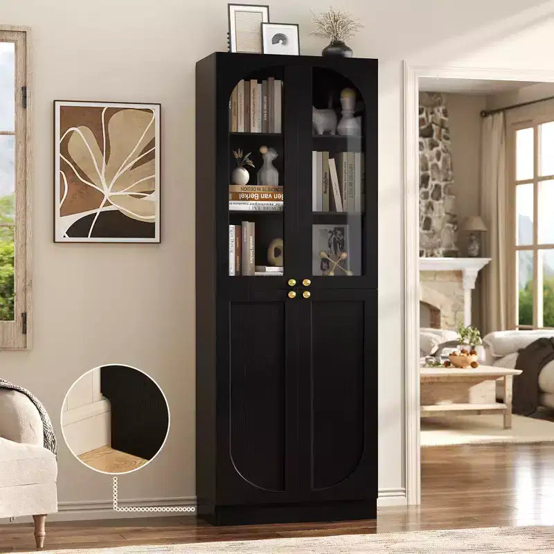 Besiost 80 Tall Kitchen Pantry Arch Storage Cabinet with Tempered Glass Doors, Freestanding Bookcase with Shelves
