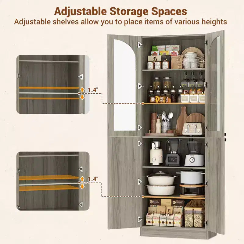 Besiost 80 Tall Kitchen Pantry Arch Storage Cabinet with Tempered Glass Doors, Freestanding Bookcase with Shelves