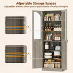 Besiost 80 Tall Kitchen Pantry Arch Storage Cabinet with Tempered Glass Doors, Freestanding Bookcase with Shelves