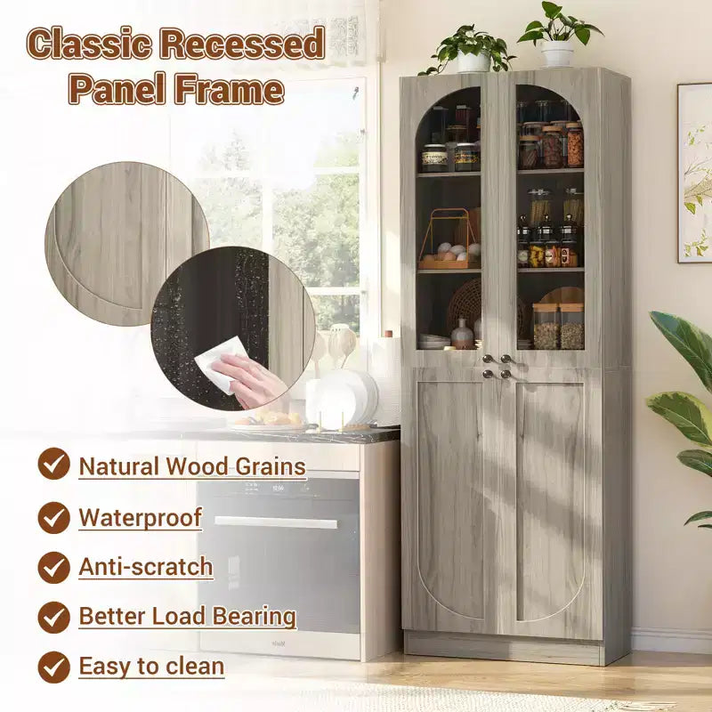 Besiost 80 Tall Kitchen Pantry Arch Storage Cabinet with Tempered Glass Doors, Freestanding Bookcase with Shelves