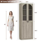 Besiost 80 Tall Kitchen Pantry Arch Storage Cabinet with Tempered Glass Doors, Freestanding Bookcase with Shelves