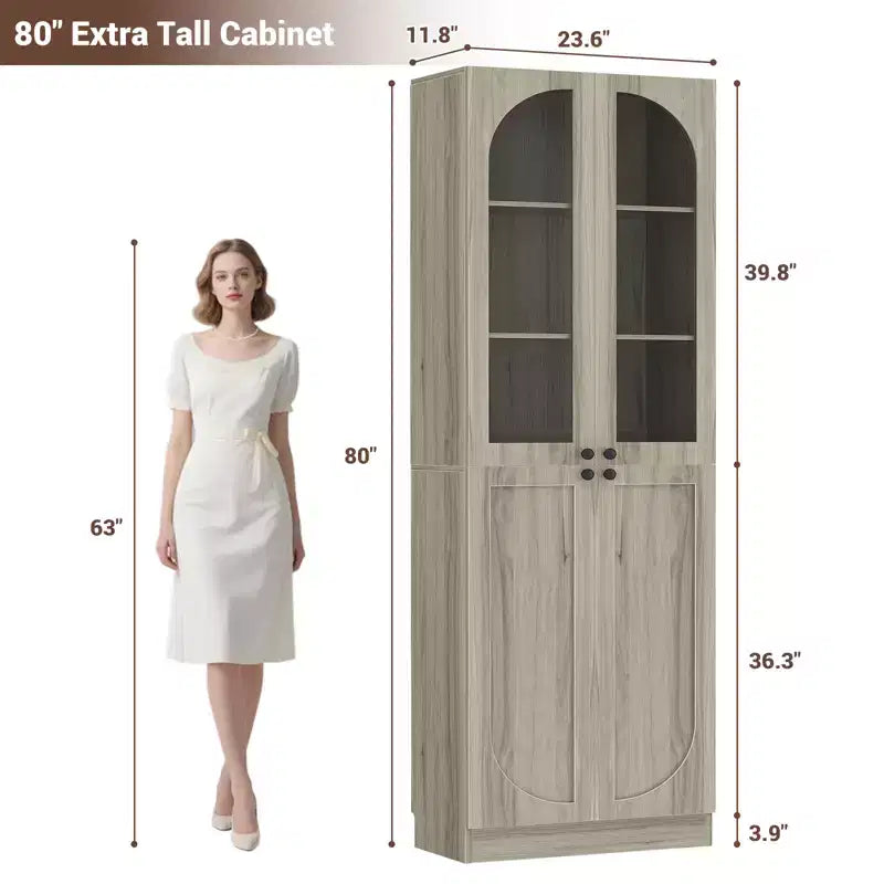Besiost 80 Tall Kitchen Pantry Arch Storage Cabinet with Tempered Glass Doors, Freestanding Bookcase with Shelves