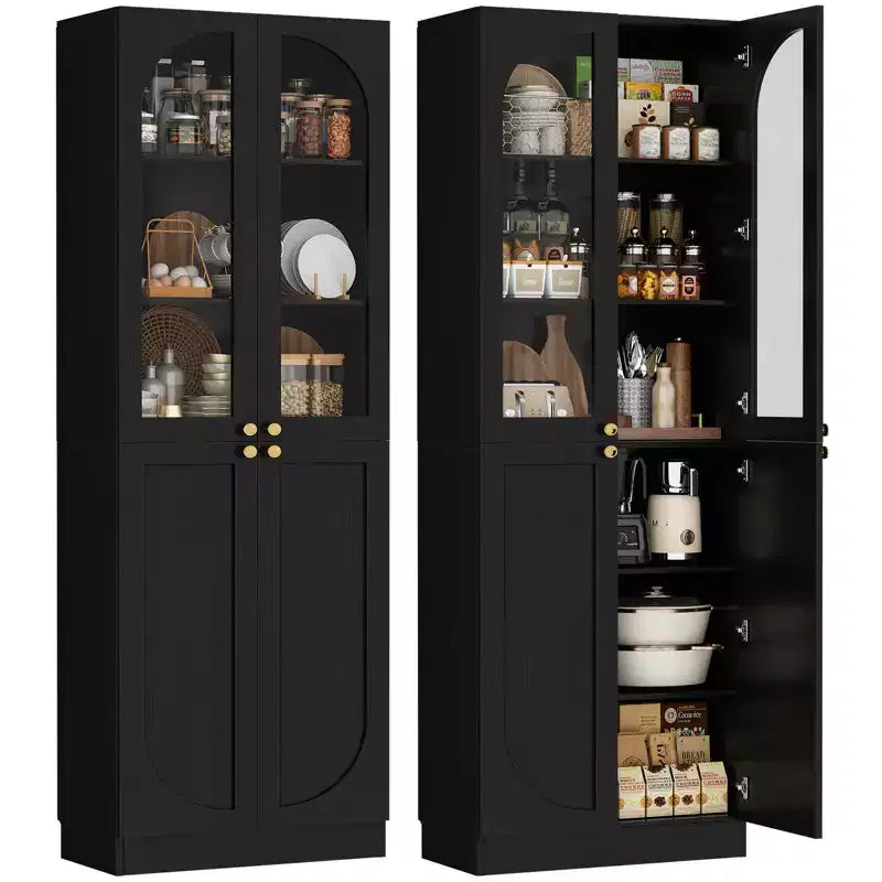 Besiost 80 Tall Kitchen Pantry Arch Storage Cabinet with Tempered Glass Doors, Freestanding Bookcase with Shelves