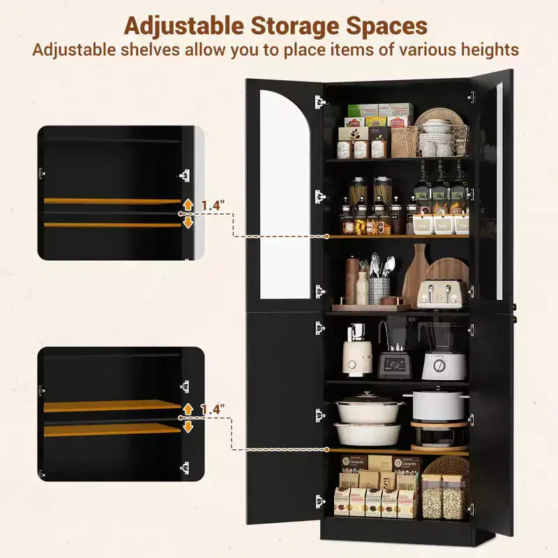 Besiost 80 Tall Kitchen Pantry Arch Storage Cabinet with Tempered Glass Doors, Freestanding Bookcase with Shelves