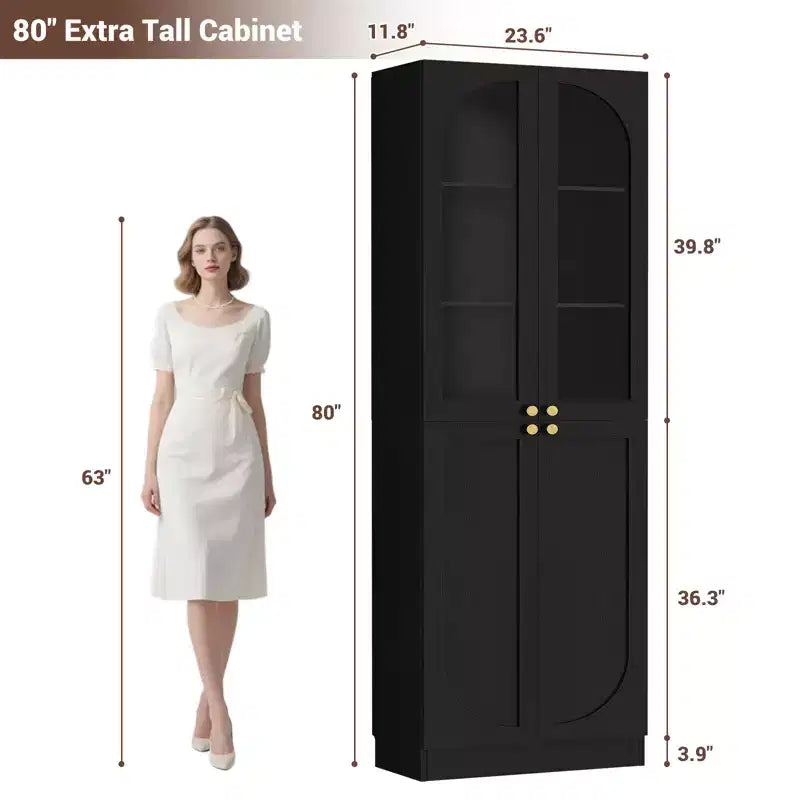 Besiost 80 Tall Kitchen Pantry Arch Storage Cabinet with Tempered Glass Doors, Freestanding Bookcase with Shelves