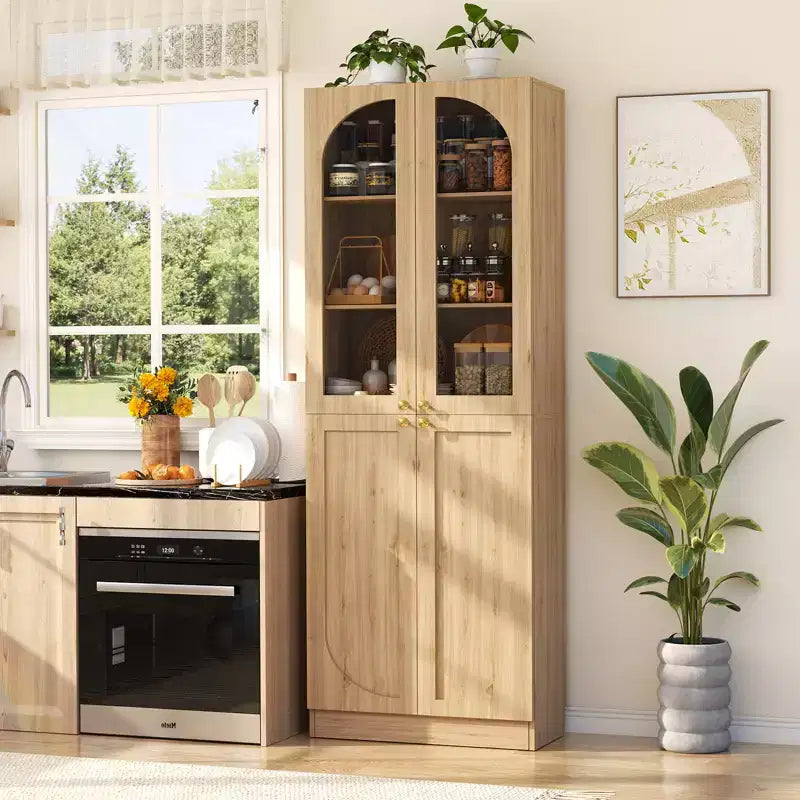 Besiost 80 Tall Kitchen Pantry Arch Storage Cabinet with Tempered Glass Doors, Freestanding Bookcase with Shelves