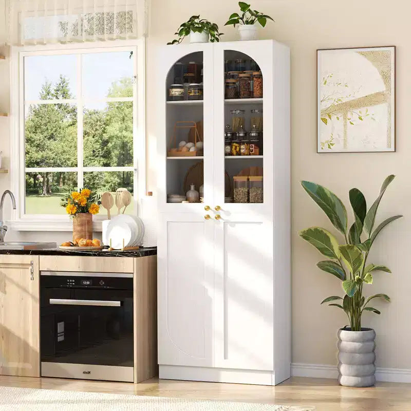 Besiost 80 Tall Kitchen Pantry Arch Storage Cabinet with Tempered Glass Doors, Freestanding Bookcase with Shelves