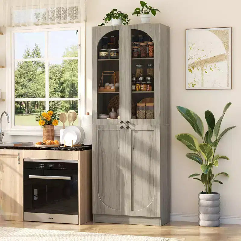 Besiost 80 Tall Kitchen Pantry Arch Storage Cabinet with Tempered Glass Doors, Freestanding Bookcase with Shelves