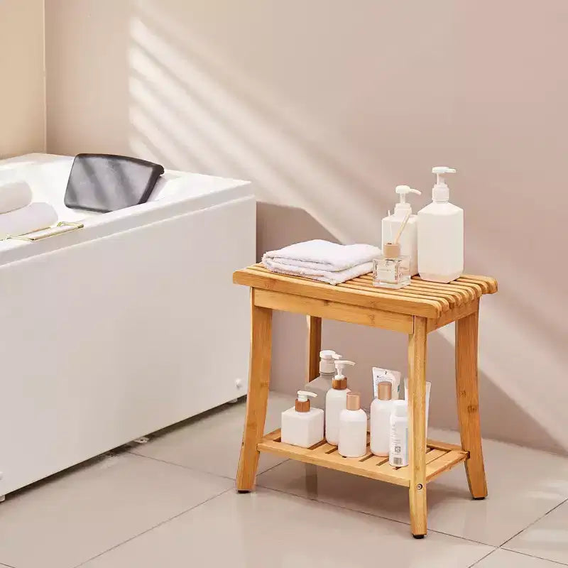 Bamboo Shower Bench, 19.1 x 11.3 x 18.3 in Waterproof Shower Stool with Storage Shelf, 330 lbs Bath Seat for Indoor & Outdoor