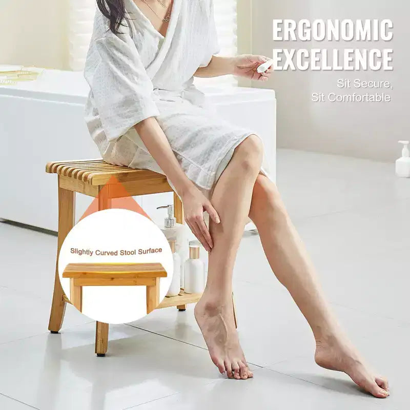 Bamboo Shower Bench, 19.1 x 11.3 x 18.3 in Waterproof Shower Stool with Storage Shelf, 330 lbs Bath Seat for Indoor & Outdoor