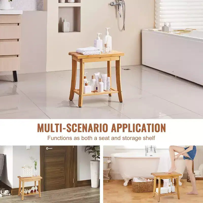 Bamboo Shower Bench, 19.1 x 11.3 x 18.3 in Waterproof Shower Stool with Storage Shelf, 330 lbs Bath Seat for Indoor & Outdoor