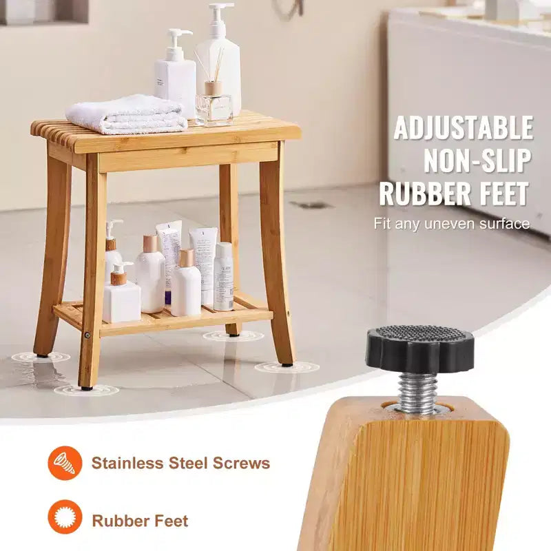 Bamboo Shower Bench, 19.1 x 11.3 x 18.3 in Waterproof Shower Stool with Storage Shelf, 330 lbs Bath Seat for Indoor & Outdoor