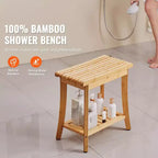 Bamboo Shower Bench, 19.1 x 11.3 x 18.3 in Waterproof Shower Stool with Storage Shelf, 330 lbs Bath Seat for Indoor & Outdoor