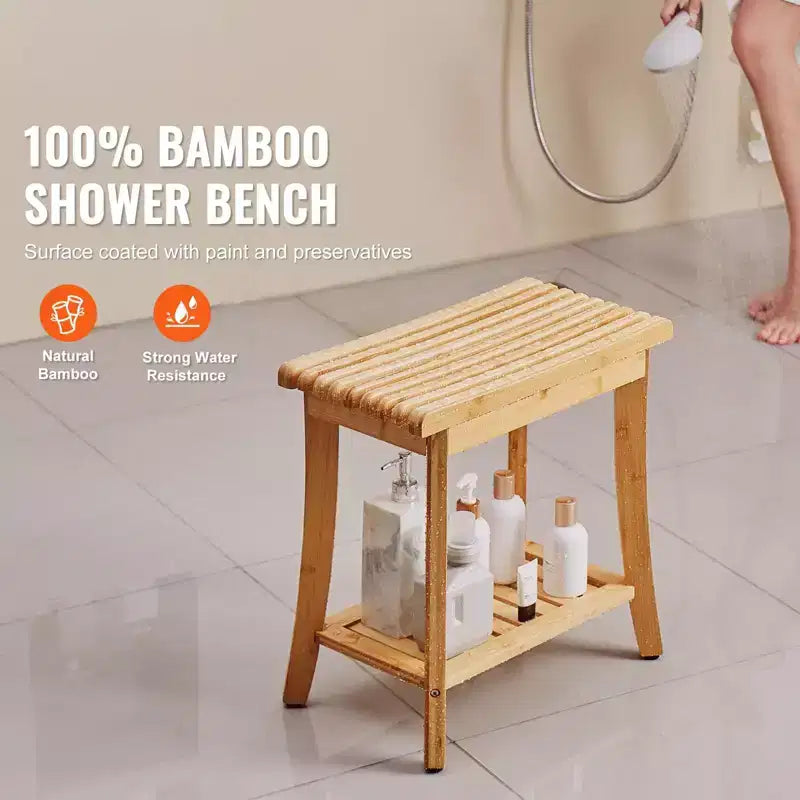 Bamboo Shower Bench, 19.1 x 11.3 x 18.3 in Waterproof Shower Stool with Storage Shelf, 330 lbs Bath Seat for Indoor & Outdoor