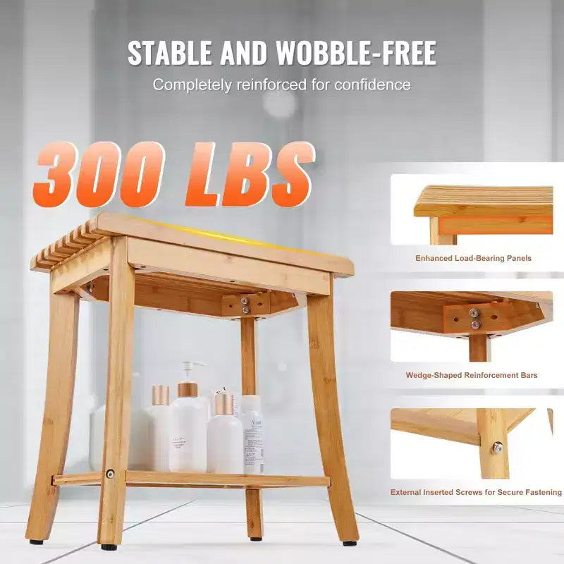 Bamboo Shower Bench, 19.1 x 11.3 x 18.3 in Waterproof Shower Stool with Storage Shelf, 330 lbs Bath Seat for Indoor & Outdoor