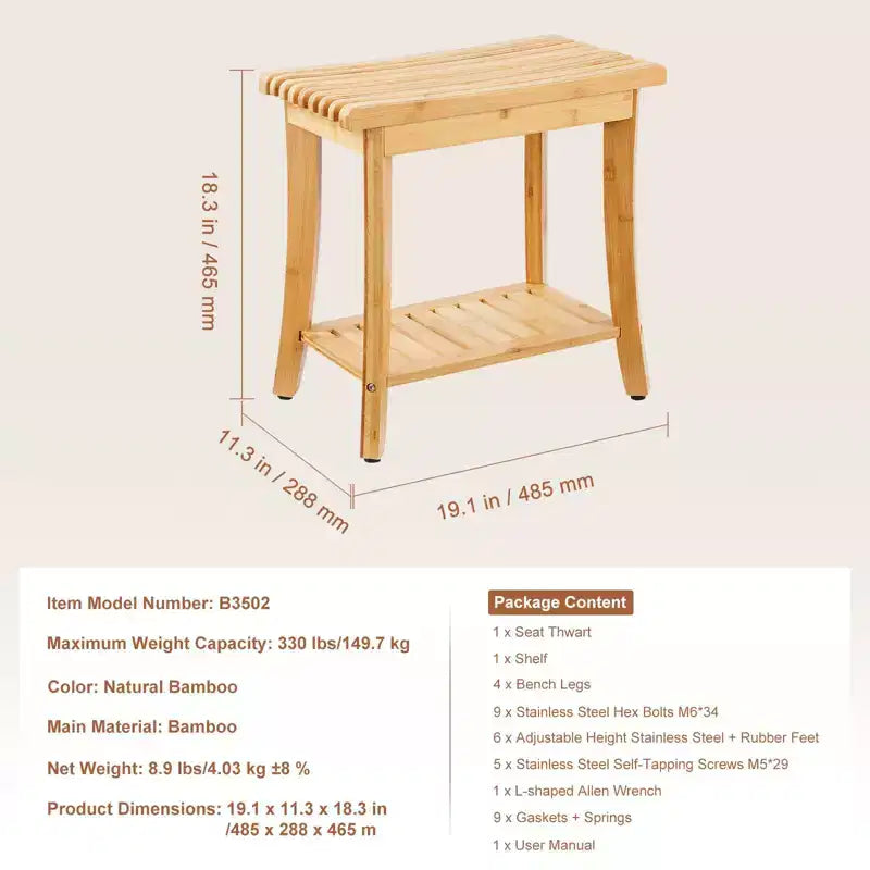 Bamboo Shower Bench, 19.1 x 11.3 x 18.3 in Waterproof Shower Stool with Storage Shelf, 330 lbs Bath Seat for Indoor & Outdoor