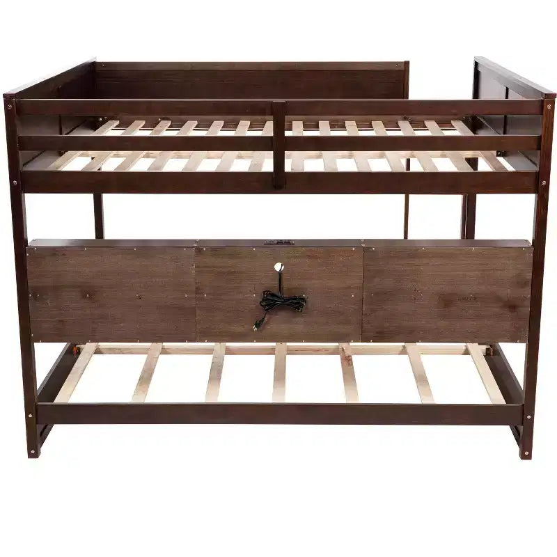 Bunk Bed Queen over Queen with Storage Cabinets, Queen Wood Bunk Bed Frame with Charging Station for Kids Teens
