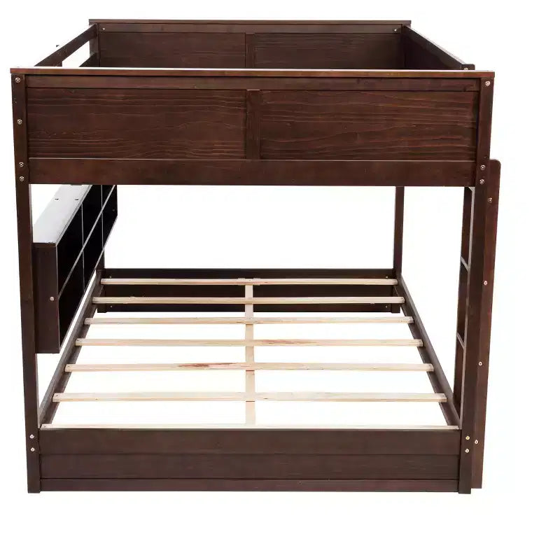 Bunk Bed Queen over Queen with Storage Cabinets, Queen Wood Bunk Bed Frame with Charging Station for Kids Teens