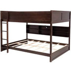 Bunk Bed Queen over Queen with Storage Cabinets, Queen Wood Bunk Bed Frame with Charging Station for Kids Teens