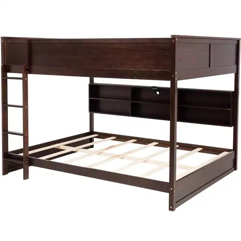 Bunk Bed Queen over Queen with Storage Cabinets, Queen Wood Bunk Bed Frame with Charging Station for Kids Teens