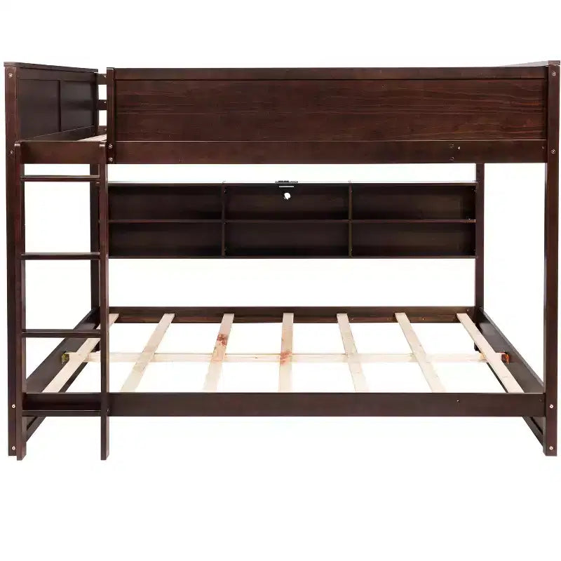 Bunk Bed Queen over Queen with Storage Cabinets, Queen Wood Bunk Bed Frame with Charging Station for Kids Teens