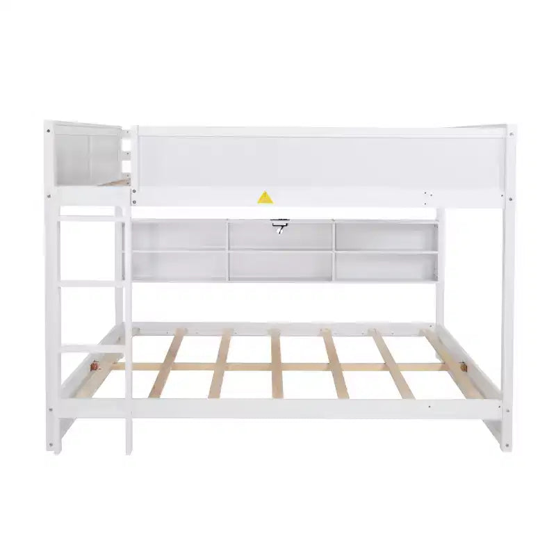 Bunk Bed Queen over Queen with Storage Cabinets, Queen Wood Bunk Bed Frame with Charging Station for Kids Teens
