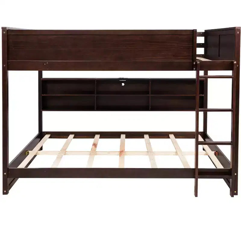 Bunk Bed Queen over Queen with Storage Cabinets, Queen Wood Bunk Bed Frame with Charging Station for Kids Teens